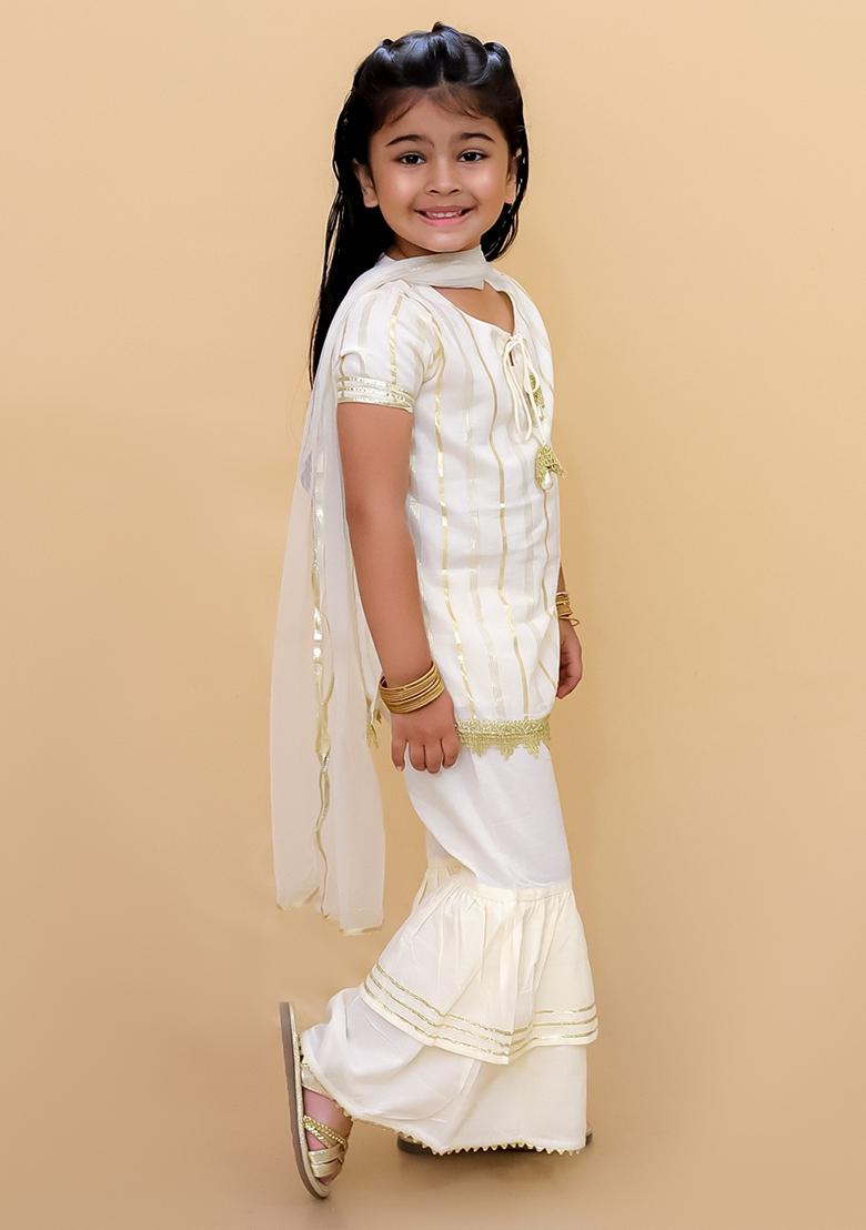 Off White Golden Tassels Cotton Kurta With Sharara (Set of 2)