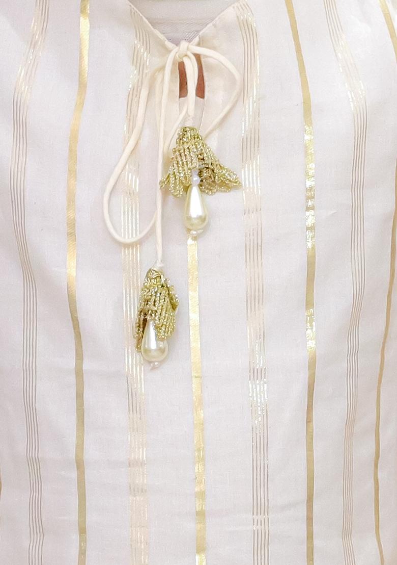 Off White Golden Tassels Cotton Kurta With Sharara (Set of 2)