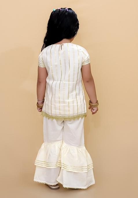 Off White Golden Tassels Cotton Kurta With Sharara (Set of 2)