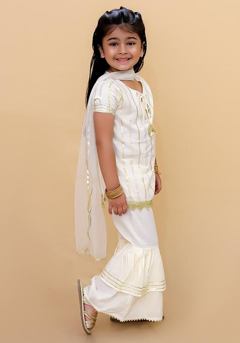 Off White Golden Tassels Cotton Kurta With Sharara (Set of 2)