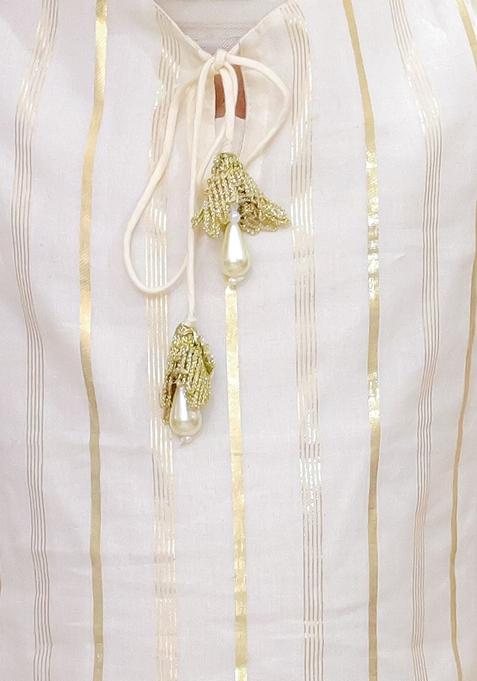 Off White Golden Tassels Cotton Kurta With Sharara (Set of 2)