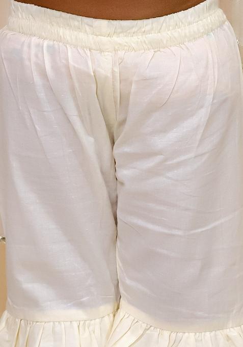 Off White Golden Tassels Cotton Kurta With Sharara (Set of 2)