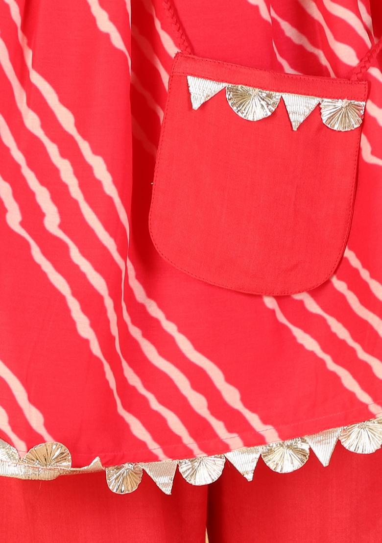 Pink Striped Print Polyester Kurta With Sharara (Set of 2)