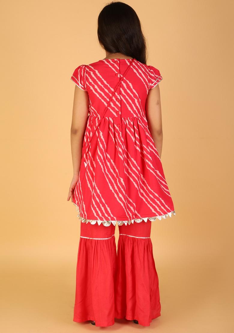 Pink Striped Print Polyester Kurta With Sharara (Set of 2)