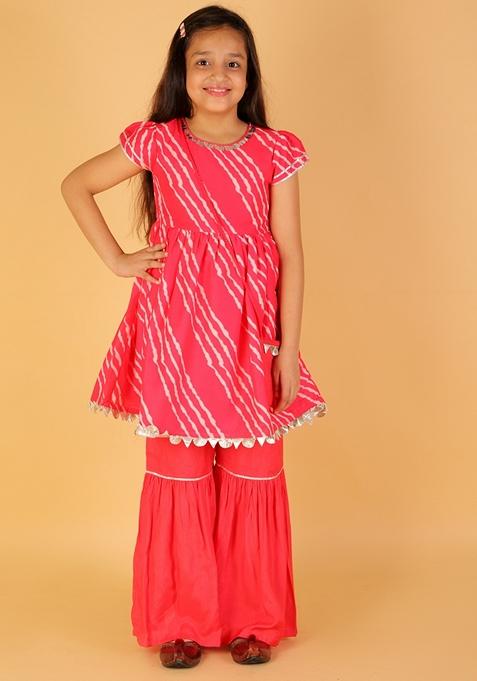 Pink Striped Print Polyester Kurta With Sharara (Set of 2)