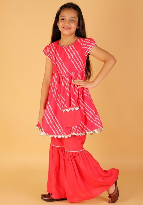 Pink Striped Print Polyester Kurta With Sharara (Set of 2)