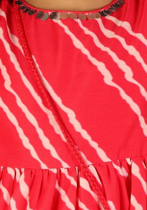 Pink Striped Print Polyester Kurta With Sharara (Set of 2)