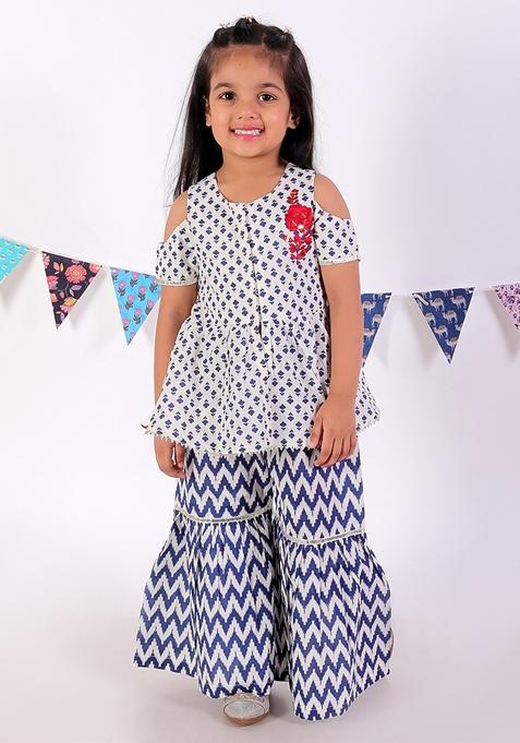 Blue Striped Print Cotton Top With Sharara (Set of 2)