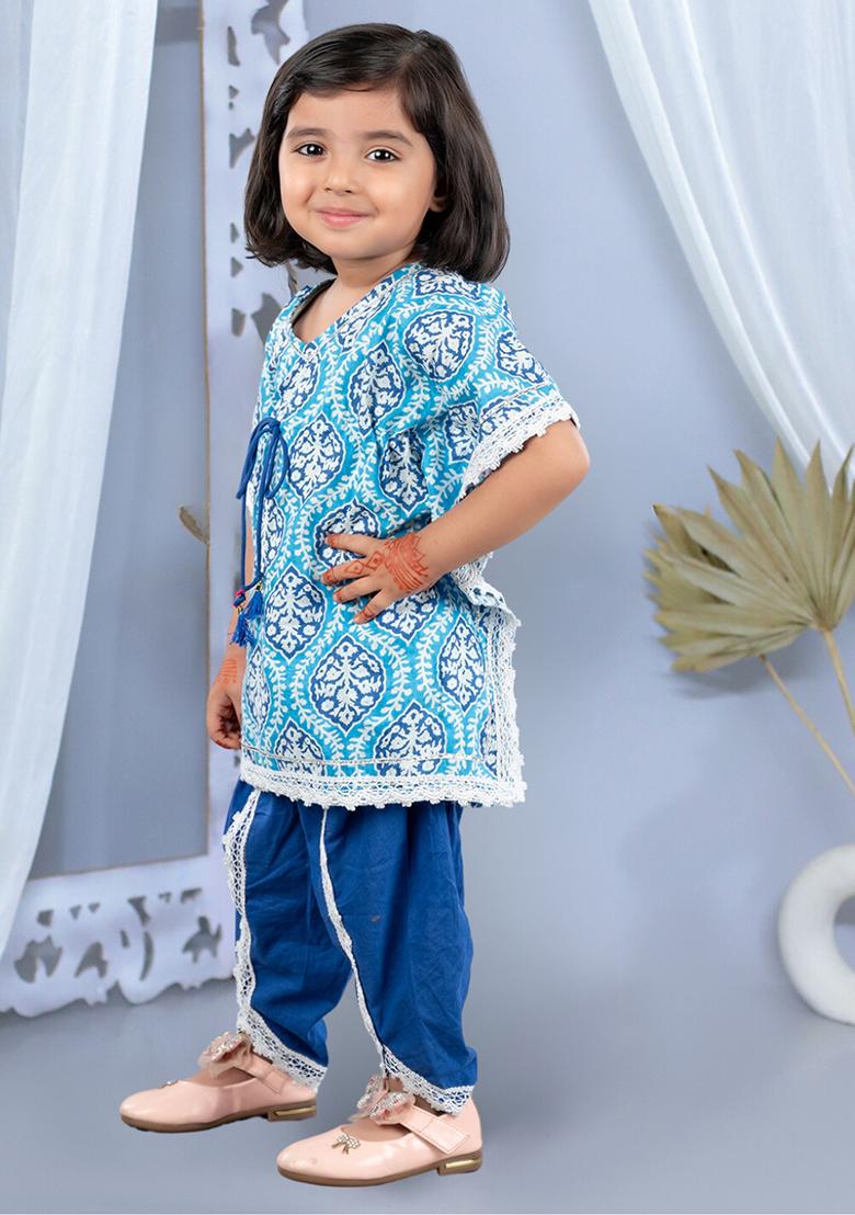 Blue Printed Cotton Kurta Set For Girl
