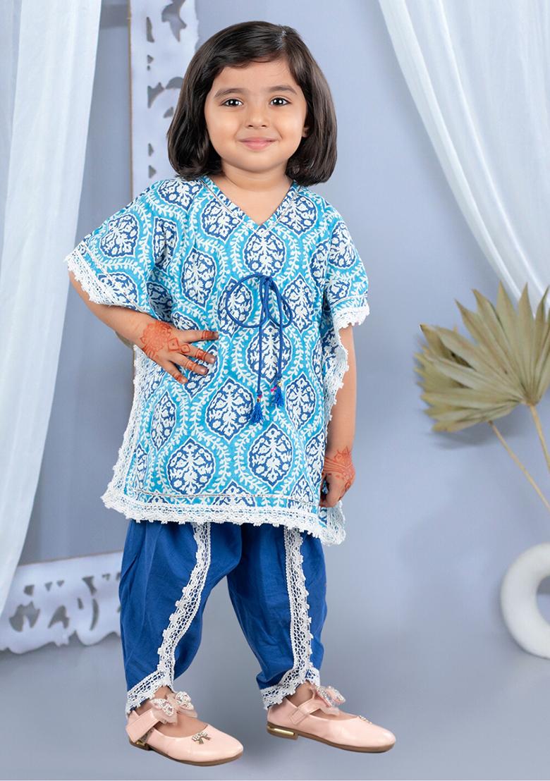 Blue Printed Cotton Kurta Set For Girl