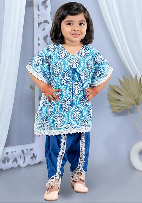 Blue Printed Cotton Kurta Set For Girl