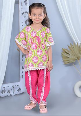 Pink Printed Cotton Kurta Set For Girl