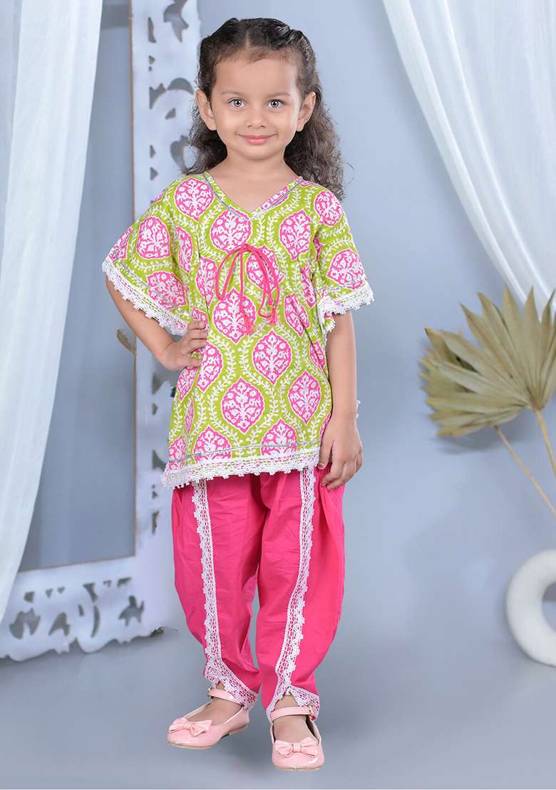 Pink Printed Cotton Kurta Set For Girl - Indya