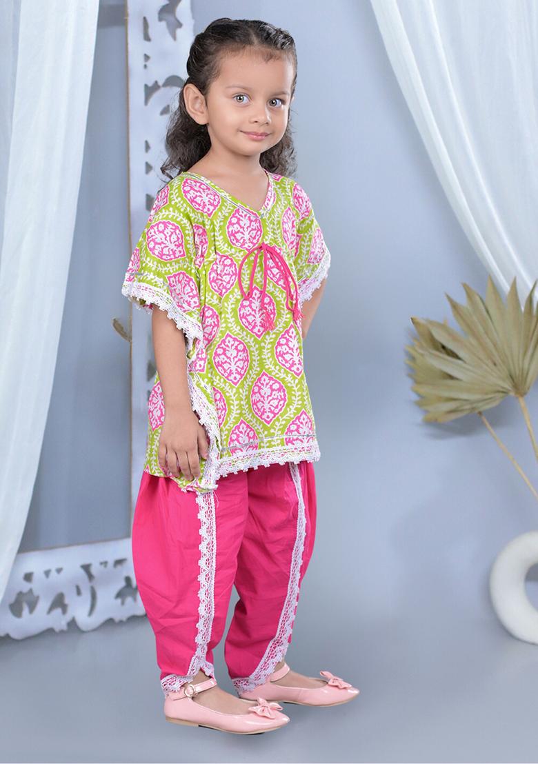 Pink Printed Cotton Kurta Set For Girl