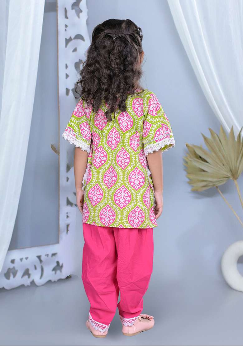 Pink Printed Cotton Kurta Set For Girl - Indya