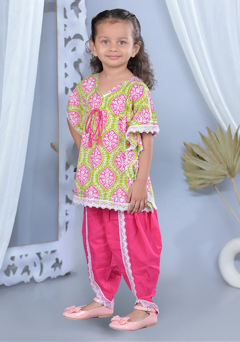 Pink Printed Cotton Kurta Set For Girl