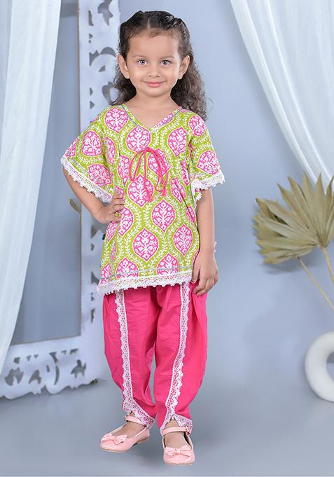 Pink Printed Cotton Kurta Set For Girl