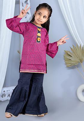 Pink Printed Cotton Kurta Set For Girl