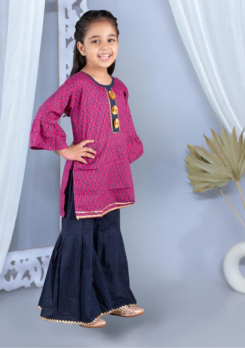 Pink Printed Cotton Kurta Set For Girl