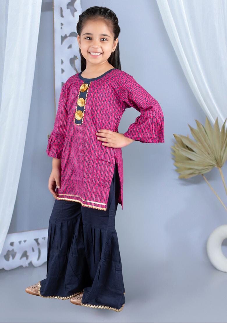 Pink Printed Cotton Kurta Set For Girl
