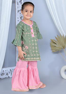Green Printed Cotton Kurta Set For Girl