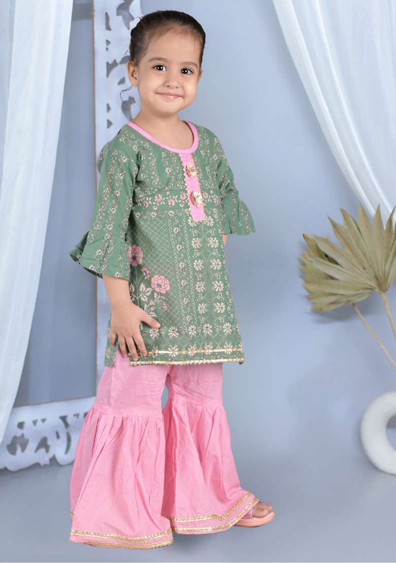 Green Printed Cotton Kurta Set For Girl - Indya