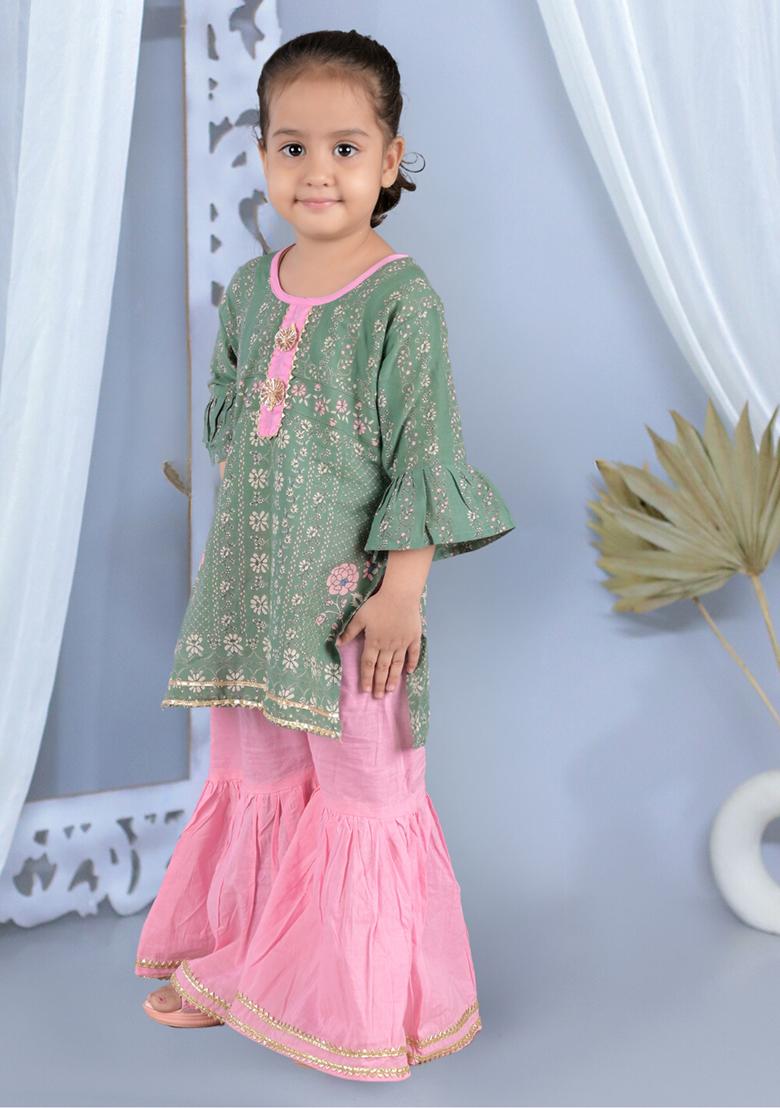 Green Printed Cotton Kurta Set For Girl