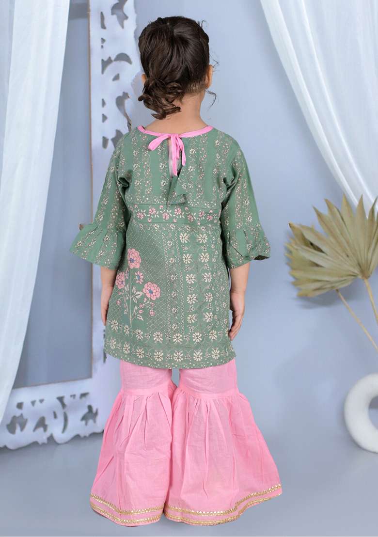 Green Printed Cotton Kurta Set For Girl - Indya