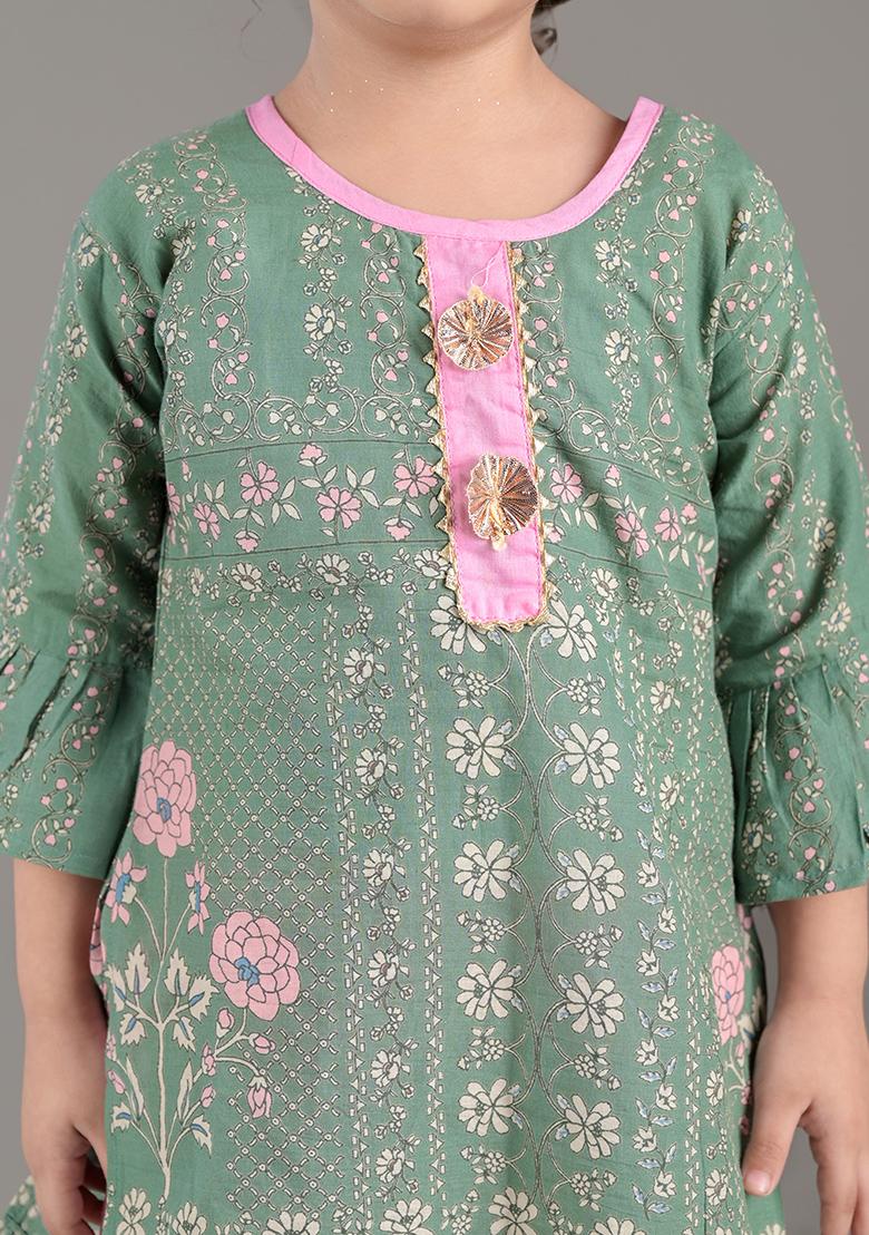 Green Printed Cotton Kurta Set For Girl