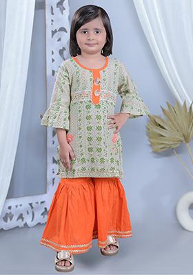 Beige Printed Cotton Kurta Set For Girl