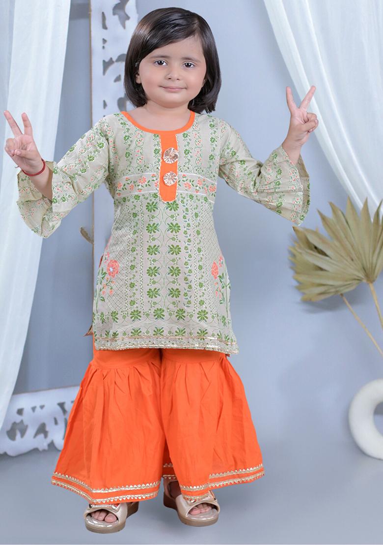 Beige Printed Cotton Kurta Set For Girl