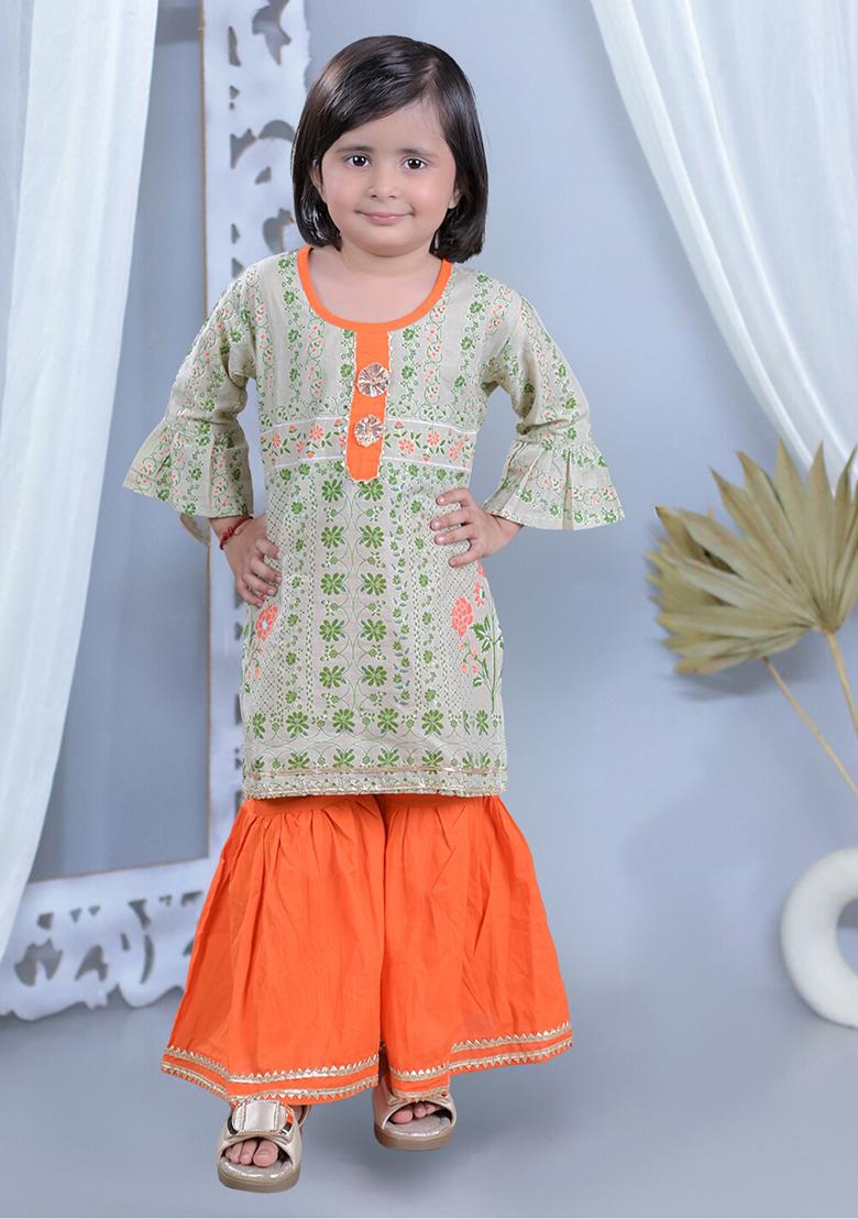 Beige Printed Cotton Kurta Set For Girl
