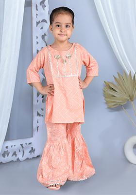 Orange Printed Cotton Kurta Set For Girl