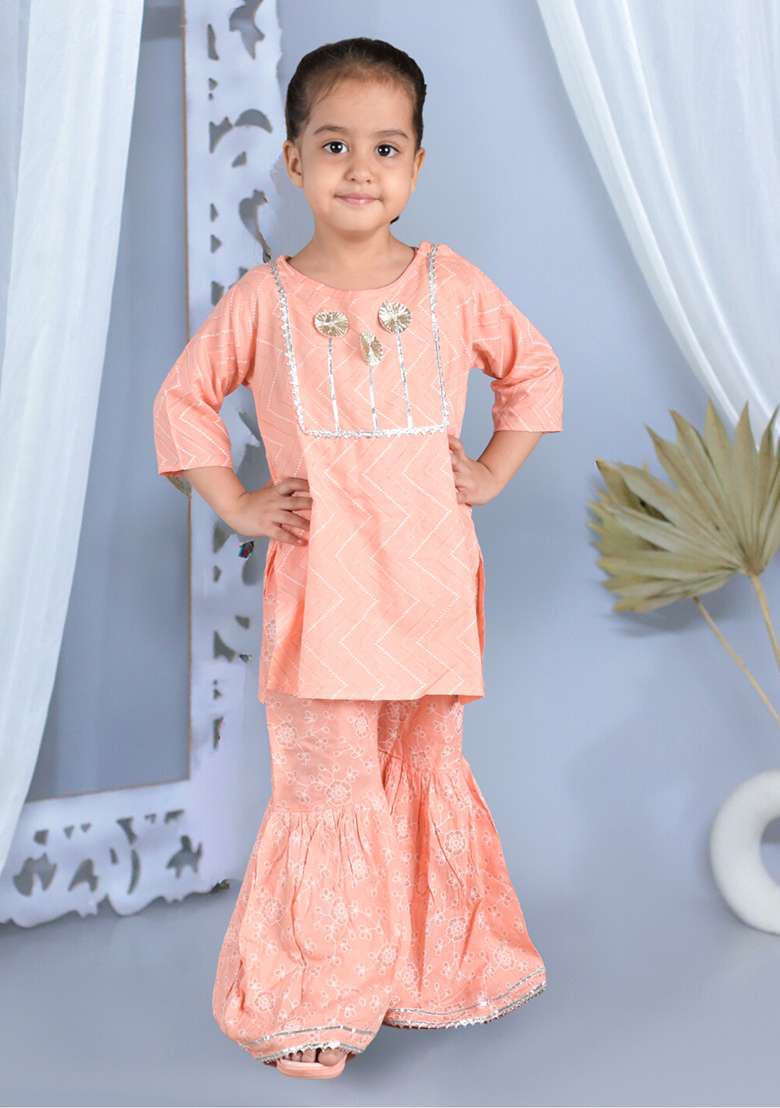 Orange Printed Cotton Kurta Set For Girl - Indya