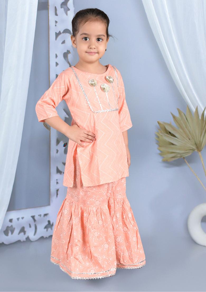 Orange Printed Cotton Kurta Set For Girl