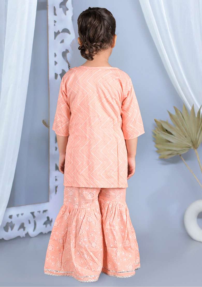 Orange Printed Cotton Kurta Set For Girl - Indya