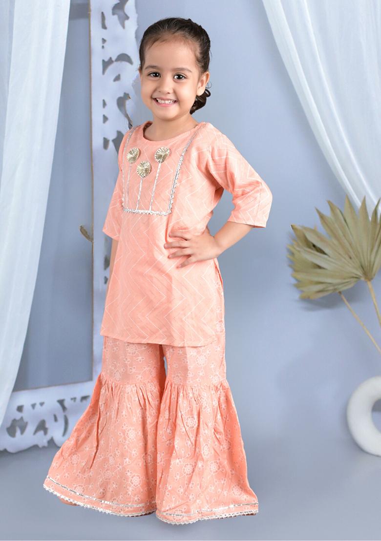 Orange Printed Cotton Kurta Set For Girl