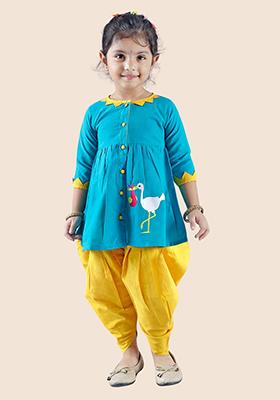Turquoise Green Embroidered Cotton Kurta Set For Girl