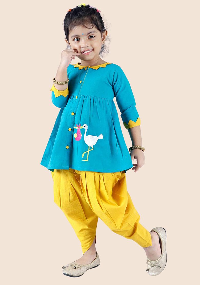 Turquoise Green Embroidered Cotton Kurta Set For Girl