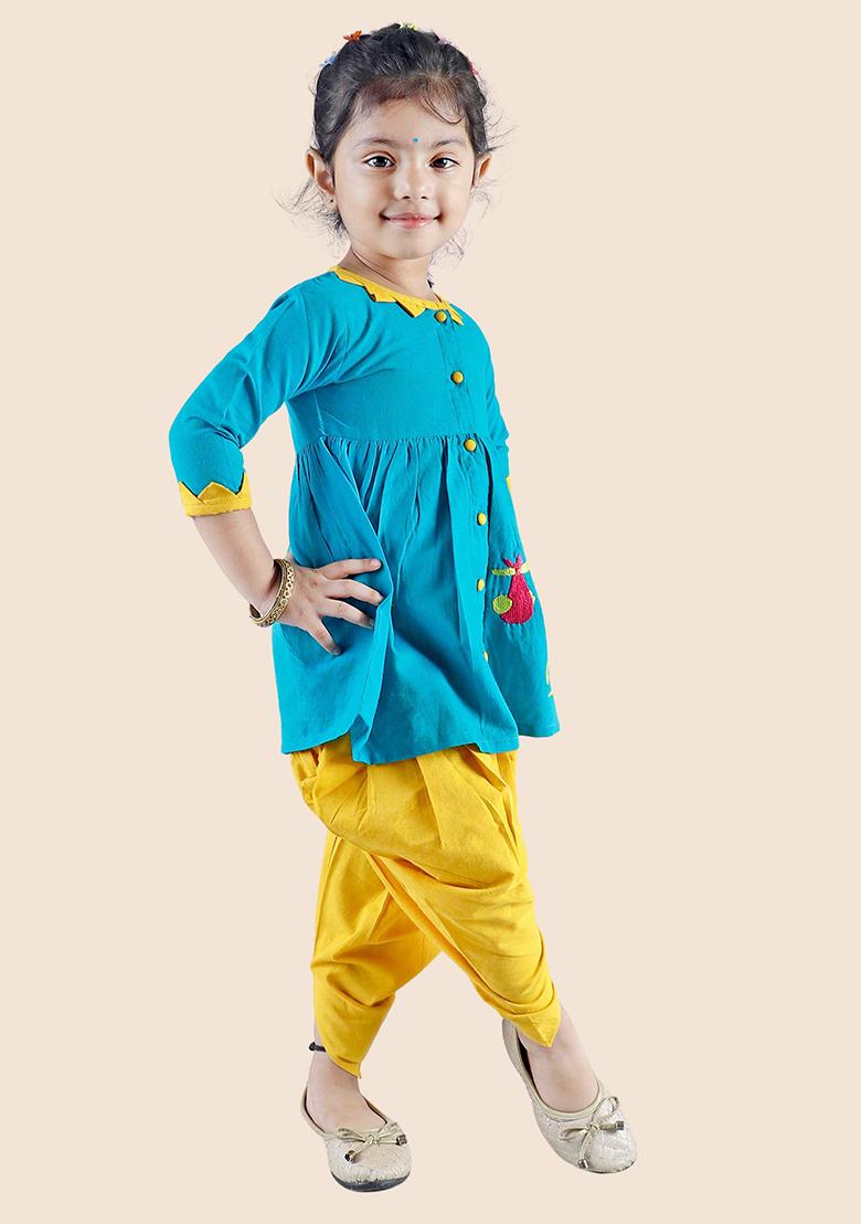 Turquoise Green Embroidered Cotton Kurta Set For Girl
