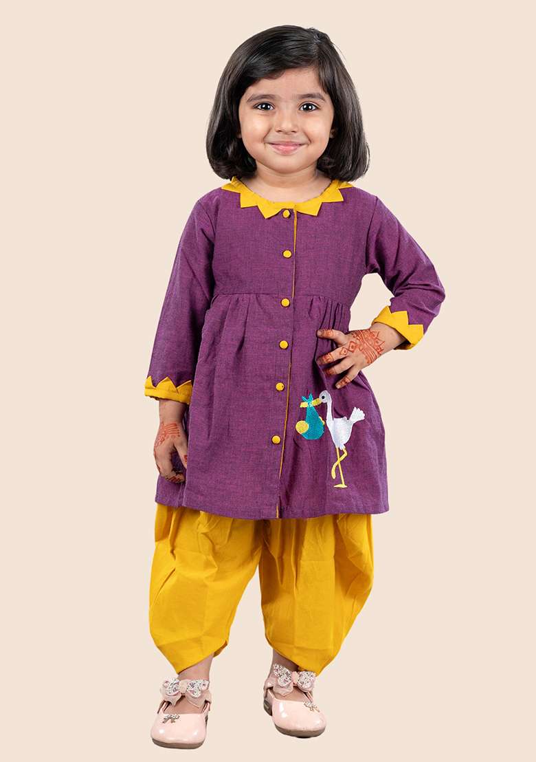 Purple Embroidered Cotton Kurta Set For Girl - Indya