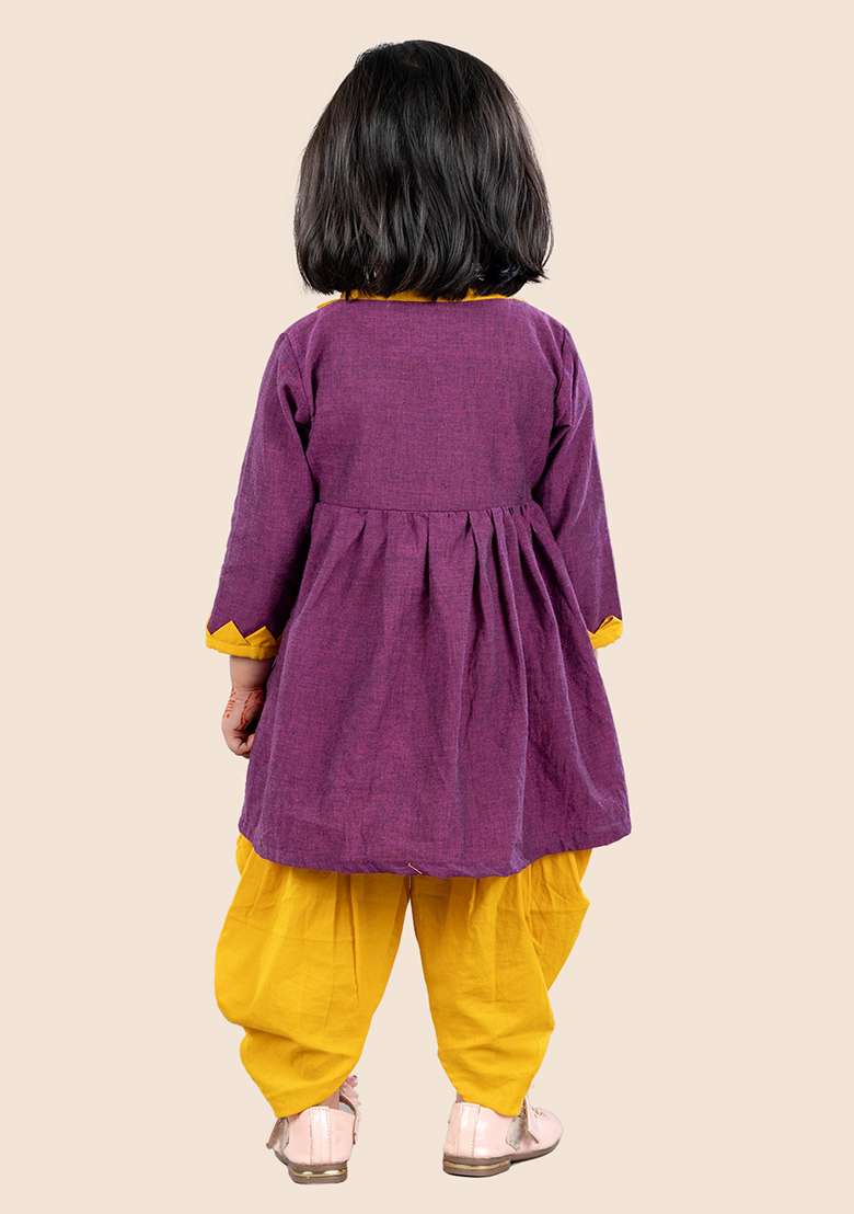 Purple Embroidered Cotton Kurta Set For Girl - Indya