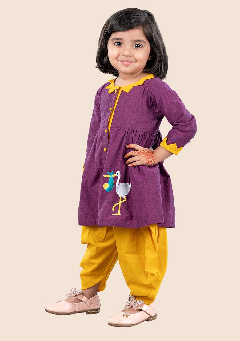 Purple Embroidered Cotton Kurta Set For Girl