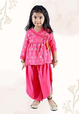 Pink Printed Cotton Kurta Set For Girl