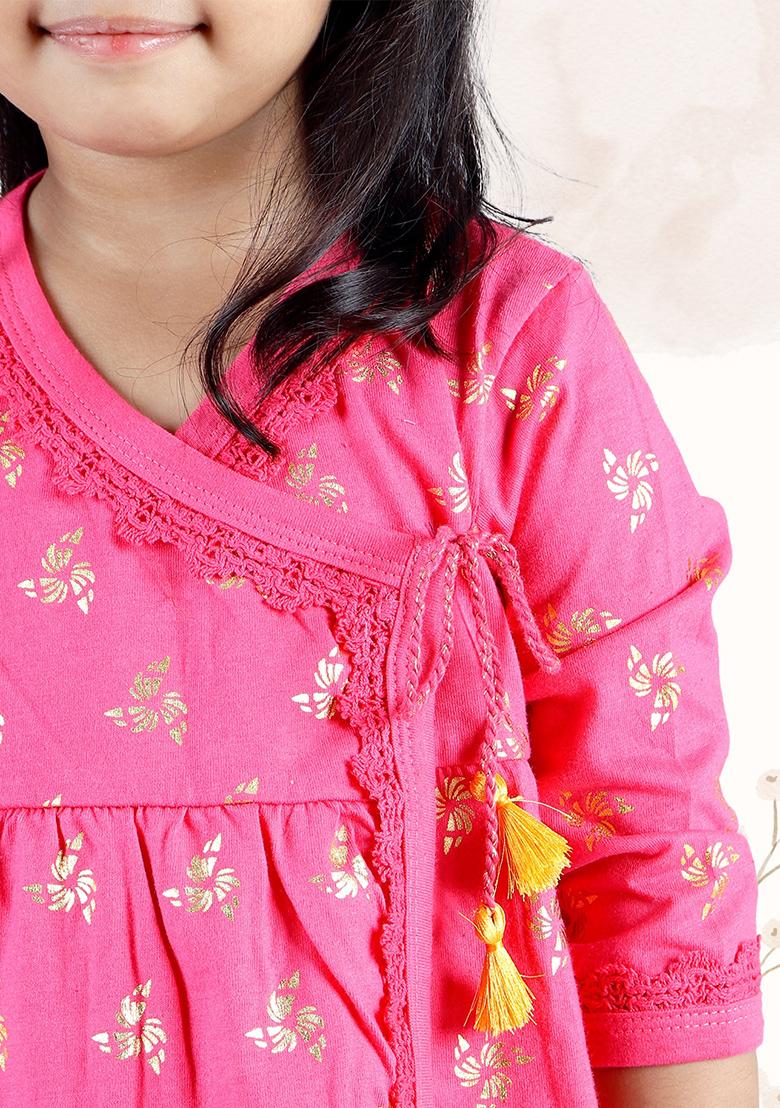 Pink Printed Cotton Kurta Set For Girl