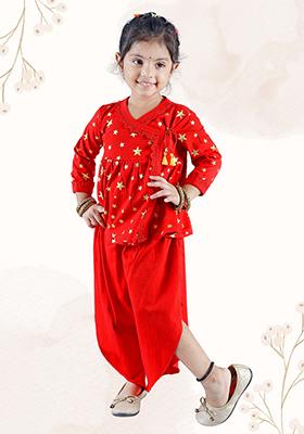 Red Printed Cotton Kurta Set For Girl