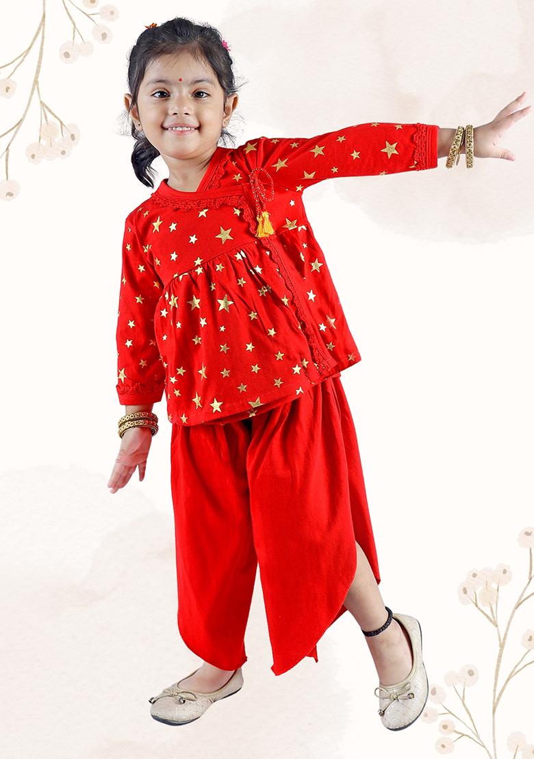 Red Printed Cotton Kurta Set For Girl