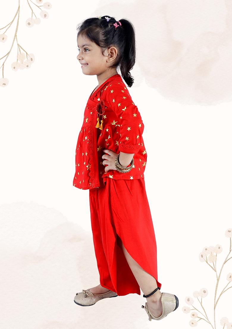 Red Printed Cotton Kurta Set For Girl