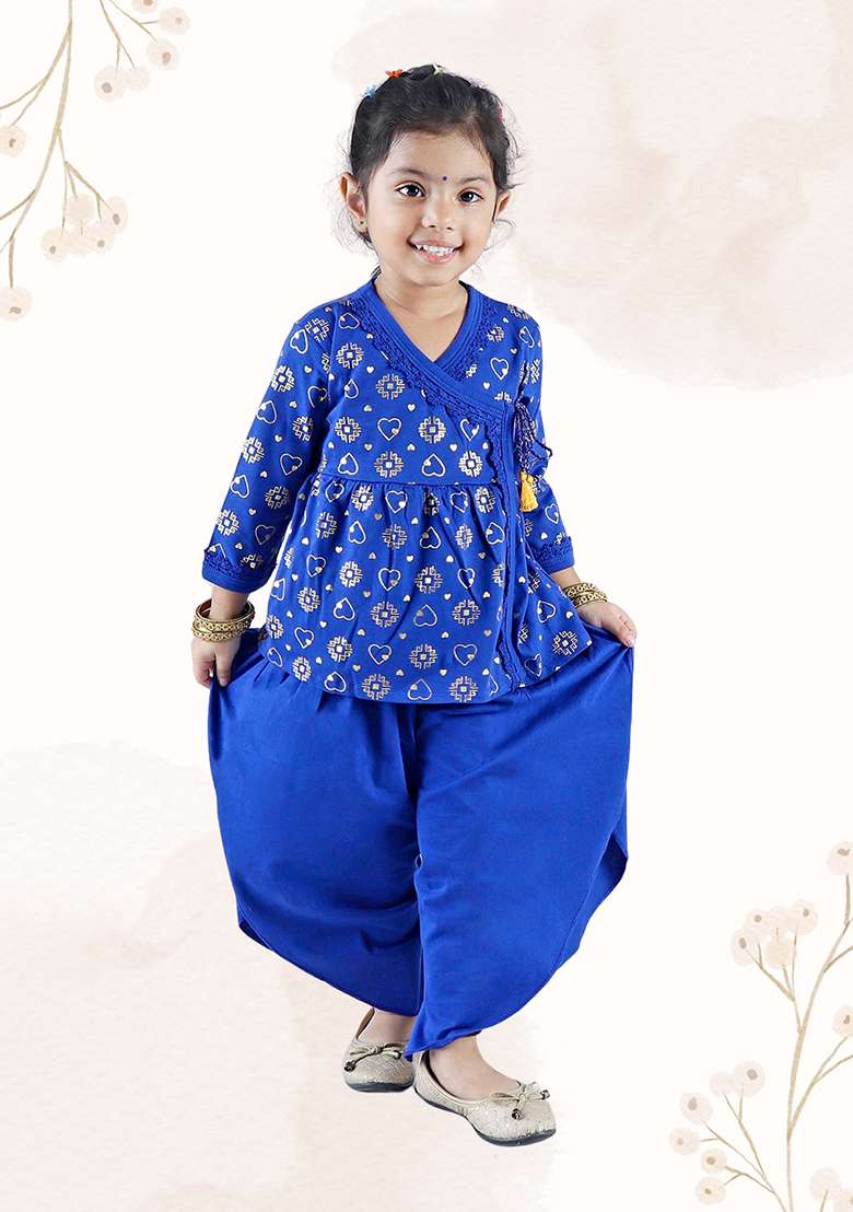 Blue Printed Cotton Kurta Set For Girl - Indya