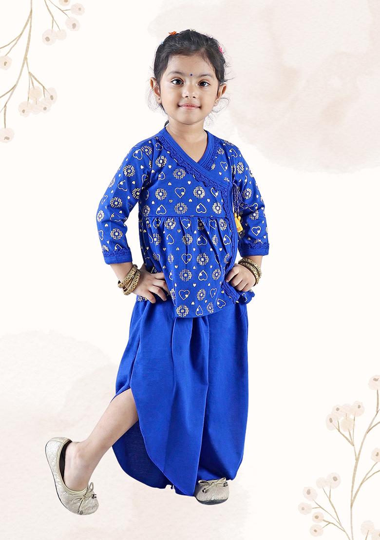 Blue Printed Cotton Kurta Set For Girl